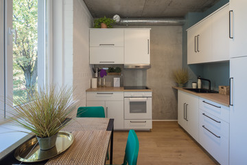 The kitchen and dining room in a modern apartment. Kitchen area in studio apartments. © Aleks Kend