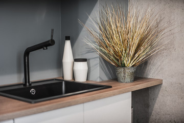 The kitchen and dining room in a modern apartment. Kitchen area in studio apartments. © Aleks Kend