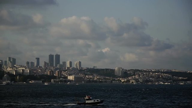 Sea transport. Boats sail against the backdrop of the city of Istanbul