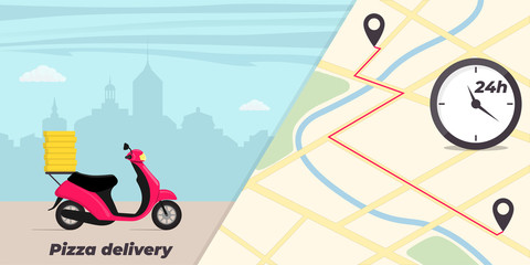 Pizza delivery service concept illustration. Motorbike with pizza boxes on the trunk. Big city on background. City map with pins and clock. Pizza fast delivery banner. Vector flat illustration.