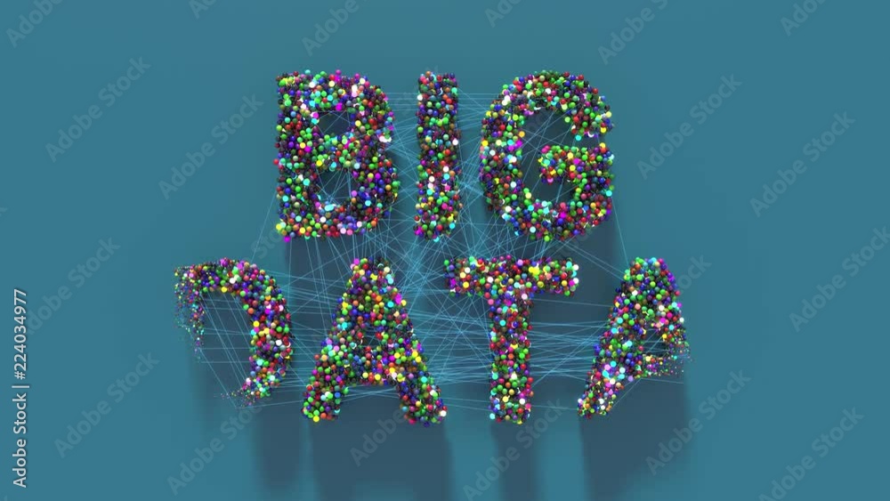 Poster 3d render abstract background with big data title made of spheres that connected with lines. data an
