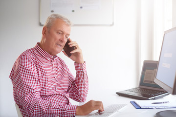 Businessman making call and using computer