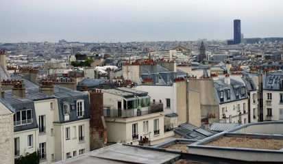 Houses and roofs of Paris with the Montparnasse tower at the bottom