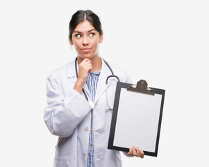 Young hispanic doctor woman holding clipboard serious face thinking about question, very confused...