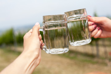 Two glasses of white wine and soda spritzer. Clink glasses by female hands on backgrounds of grapes leaves in Heuriger tavern Austria, where a local winemaker serves his new wine.