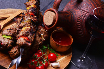Traditional Georgian drink wine and kebab