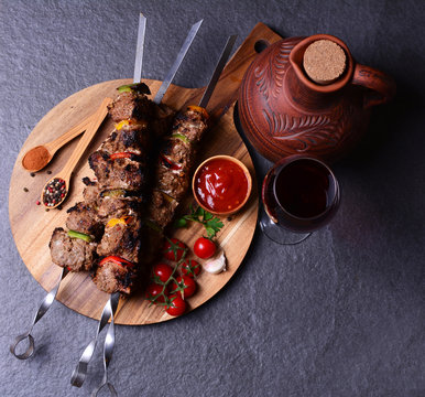 Traditional Georgian drink wine and kebab