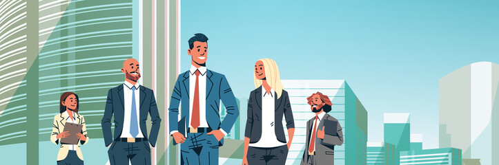 business people group diverse team successful men women over cityscape background male female cartoon character portrait flat horizontal banner vector illustration © mast3r