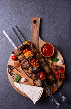 Traditional Georgian food  kebab with spices and vegetables