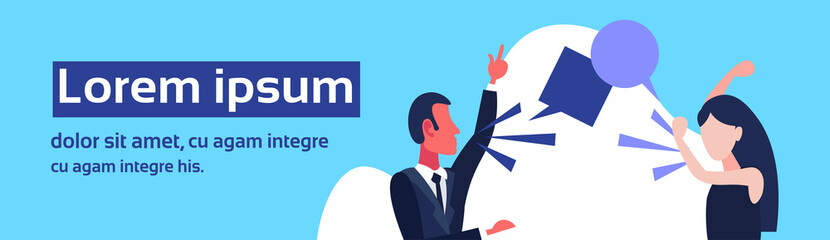 couple quarrel business conflict situation people shouting each other chat bubble dispute concept boss argue employee cartoon character portrait horizontal banner copy space vector illustration