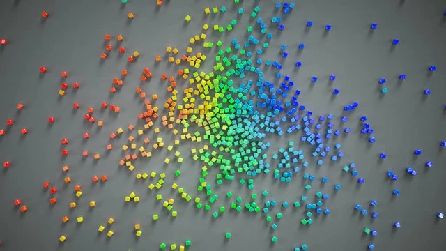 Rainbow heart shape of small pieces falls and getting scattered. Abstract romantic concept. 3D render animation 4k UHD 3840x2160
