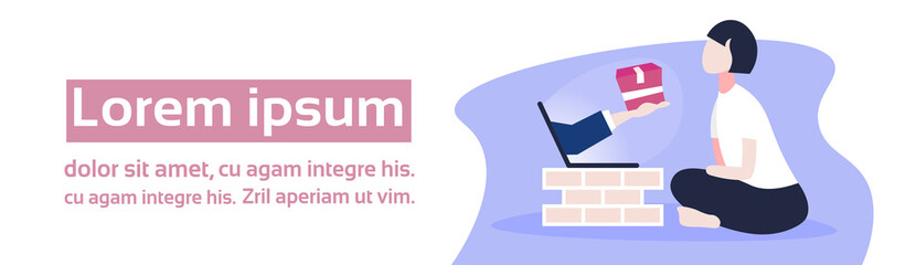 woman using online shopping computer application human hand from laptop screen holding parcel paper box fast delivery concept horizontal banner flat copy space vector illustration