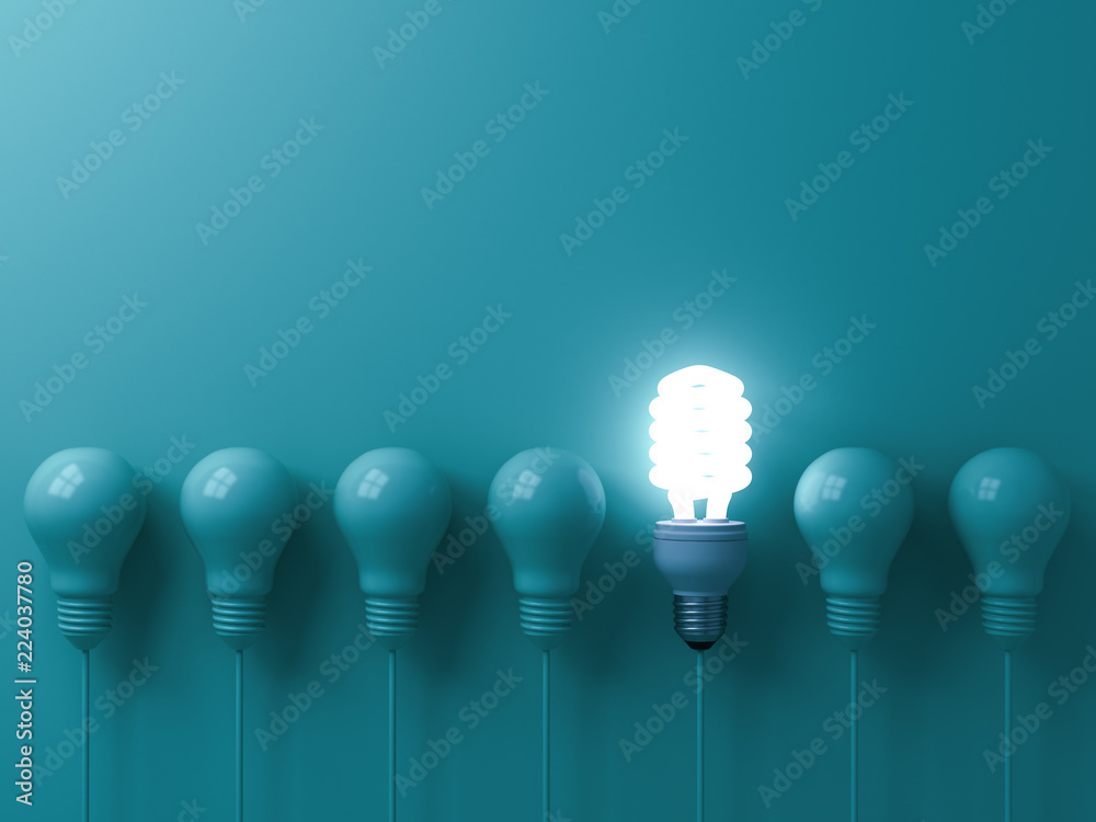Aufkleber One hanging eco energy saving light bulb glowing and standing out from unlit incandescent bulbs on green pastel color wall background  leadership and different creative idea concepts 3D rendering