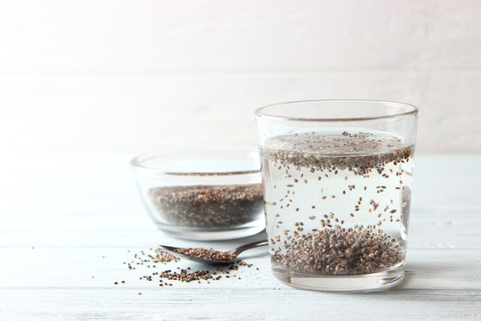 water with chia seeds in a glass. super food, proper nutrition, healthy supplements