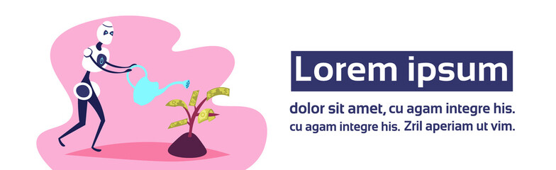 modern robot watering money plant startup business growth wealth concept future dollar accumulation artificial intelligence assistance full length horizontal banner copy space flat vector illustration