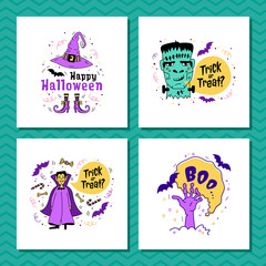 Set of greeting cards for Halloween. Trick or Treat inscription, Happy Halloween lettering. Halloween. doodle - Zombie, frankenstein, Dracula, Witch. Hand from the grave, bats. Vector illustration