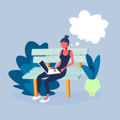 casual woman using laptop dream bubble sitting wooden bench city park lady freelancer concept male cartoon character full length flat vector illustration