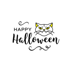 Vector Happy Halloween Inscription, Trendy Halloween lettering and icon witch cat. All objects are editable, White background