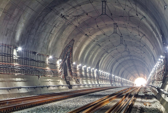 Fototapeta Modern railway tunnel. New railway tunnel in Carpathian mountains, Ukraine
