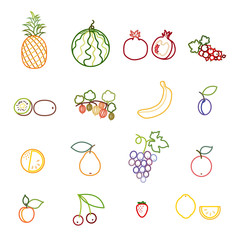 Set of fruit and berry line icons. Pineapple, watermelon, pomegranate, currant, kiwi, gooseberry, banana, plum, orange, pear, grapes, apple, apricot, cherry, strawberry and lemon. Vector Illustration