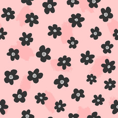 Repetitive brushstrokes and cute flowers drawn by hand with rough brush. Girly floral seamless pattern. Sketch, watercolour, paint.