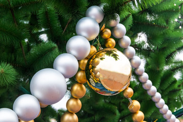Beautiful Christmas decorations hanging on Christmas tree