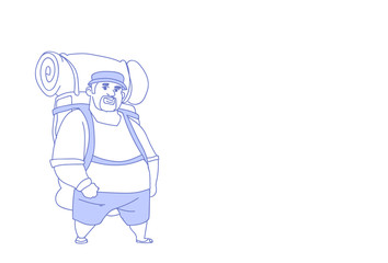Fototapeta premium overweight traveler man backpacker outdoor hiking male tourist summer vacation trip sketch doodle horizontal vector illustration