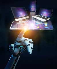 Modern devices connected in robot hand 3D rendering