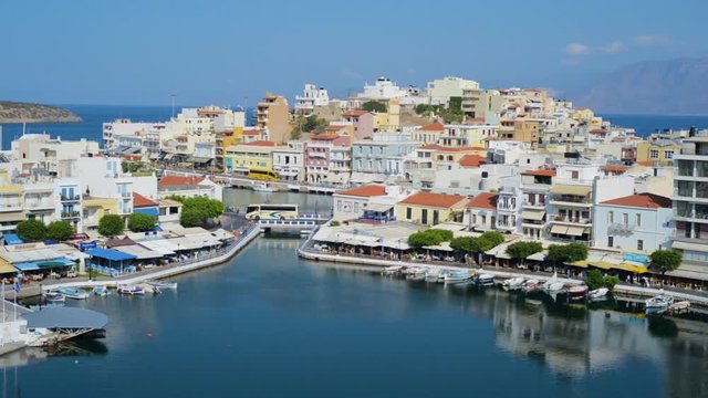 Agios Nikolaos village lake center, Mediterranean town, Crete Greece
