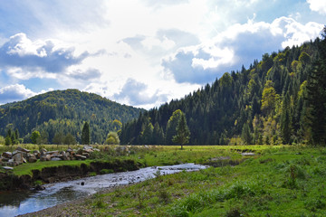 Obraz premium Green meadow, mountain river on mountain background