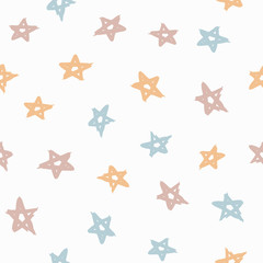 Seamless pattern with stars drawn by hand with rough brush. Sketch, watercolour, paint.