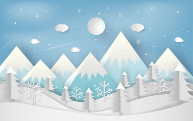 Minimal new year concept of winter season and beautiful christmas day flat lay landscape background. Christmas forest woods with mountains. paper art and digital craft style. Vector illustration.