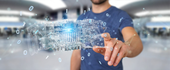Businessman using wireframe holographic 3D digital projection of an engine