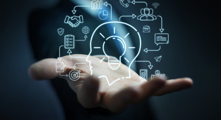 Businessman using thin line icon project plan presentation