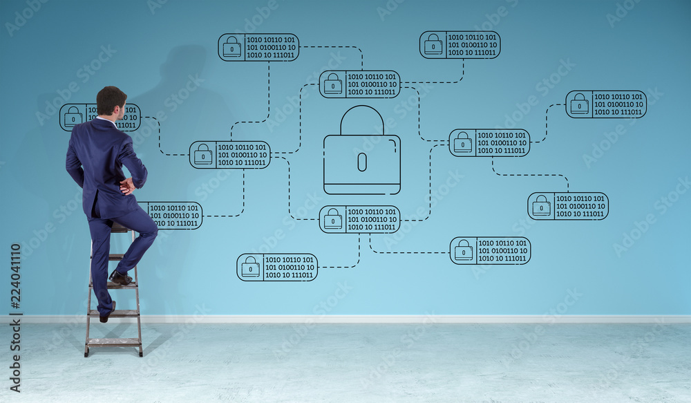 Aufkleber businessman watching thin line web security interface