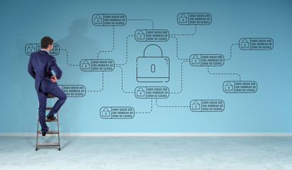 Businessman watching thin line web security interface