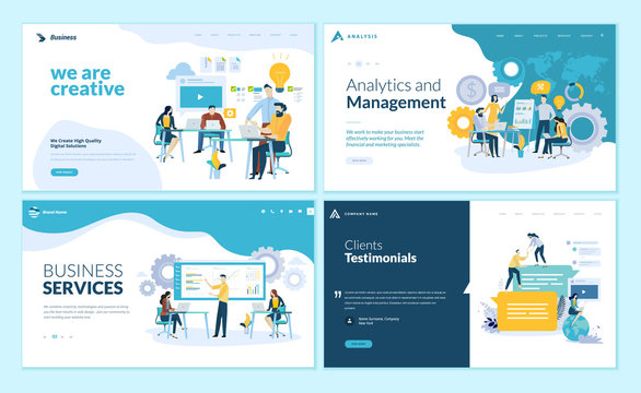 Set of web page design templates for creative and innovative solutions, business services, management and analytics, testimonials. Vector illustration concepts for website development. 
