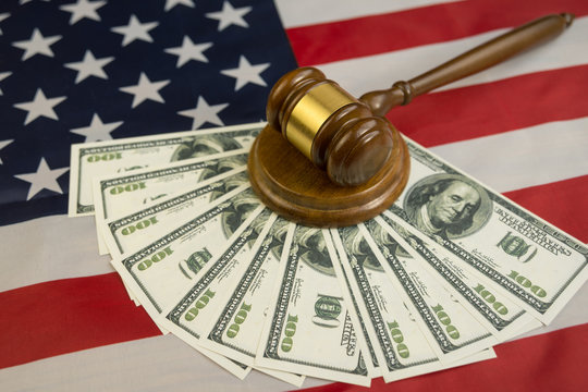 Hammer Of The Judge, Dollars Of Money For The Flag Of The United States Of America. The Court, The Law. Crime And Punishment. Business, Corruption, Bribe.