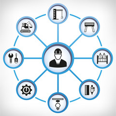 engineering and construction tool icons in circle diagram