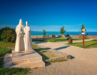 Statue of King Andrew I and Anastasia next to the Tihany Abbey