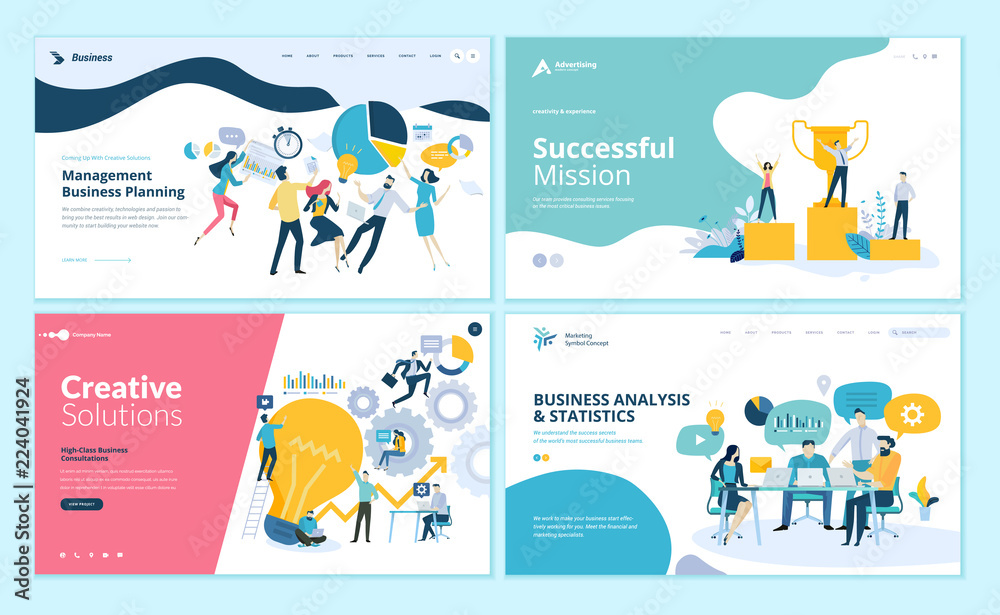 Wall mural set of web page design templates for teamwork, project management, business workflow, customer relat