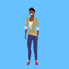 casual african american woman standing pose happy lady female cartoon character full length blue background flat vector illustration