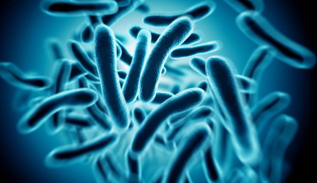 Bacteria closeup in blue background. 3d illustration.