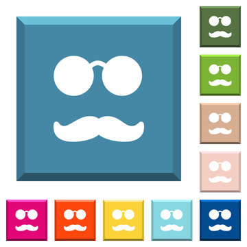 Glasses and mustache white icons on edged square buttons