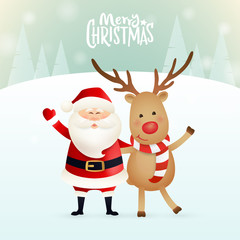 Merry Christmas greeting card design with cute Santa Claus and reindeer cartoon character