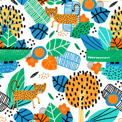 Seamless pattern with cute leopard, crocodile and tropical plants. Vector texture in childish style great for fabric and textile, wallpapers, backgrounds. Creative jungle childish texture.