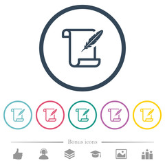 Paper scroll with feather flat color icons in round outlines