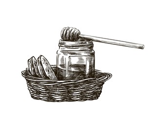natural honey in a jar and a basket of bread