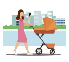 a young mother walks with a stroller around the city