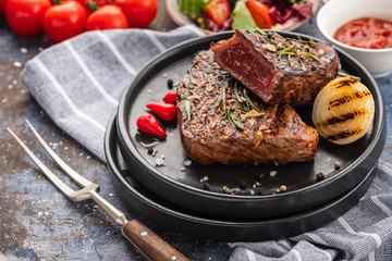 Steak beef. Beef steak medium with red pepper, aromatic herbs and fried onion